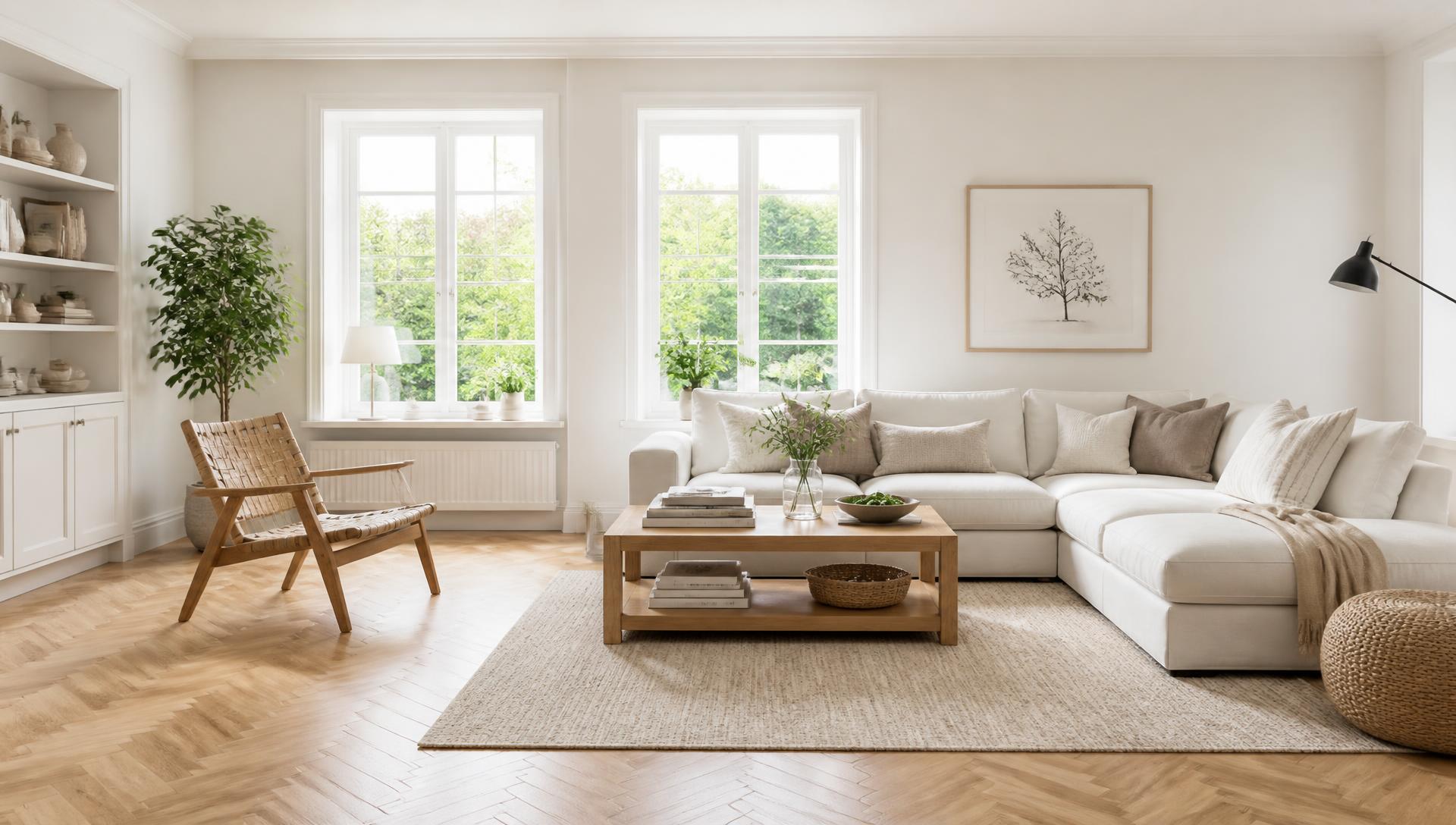 Ljust vardagsrum i en bostad förmedlad av Mäkla Hus